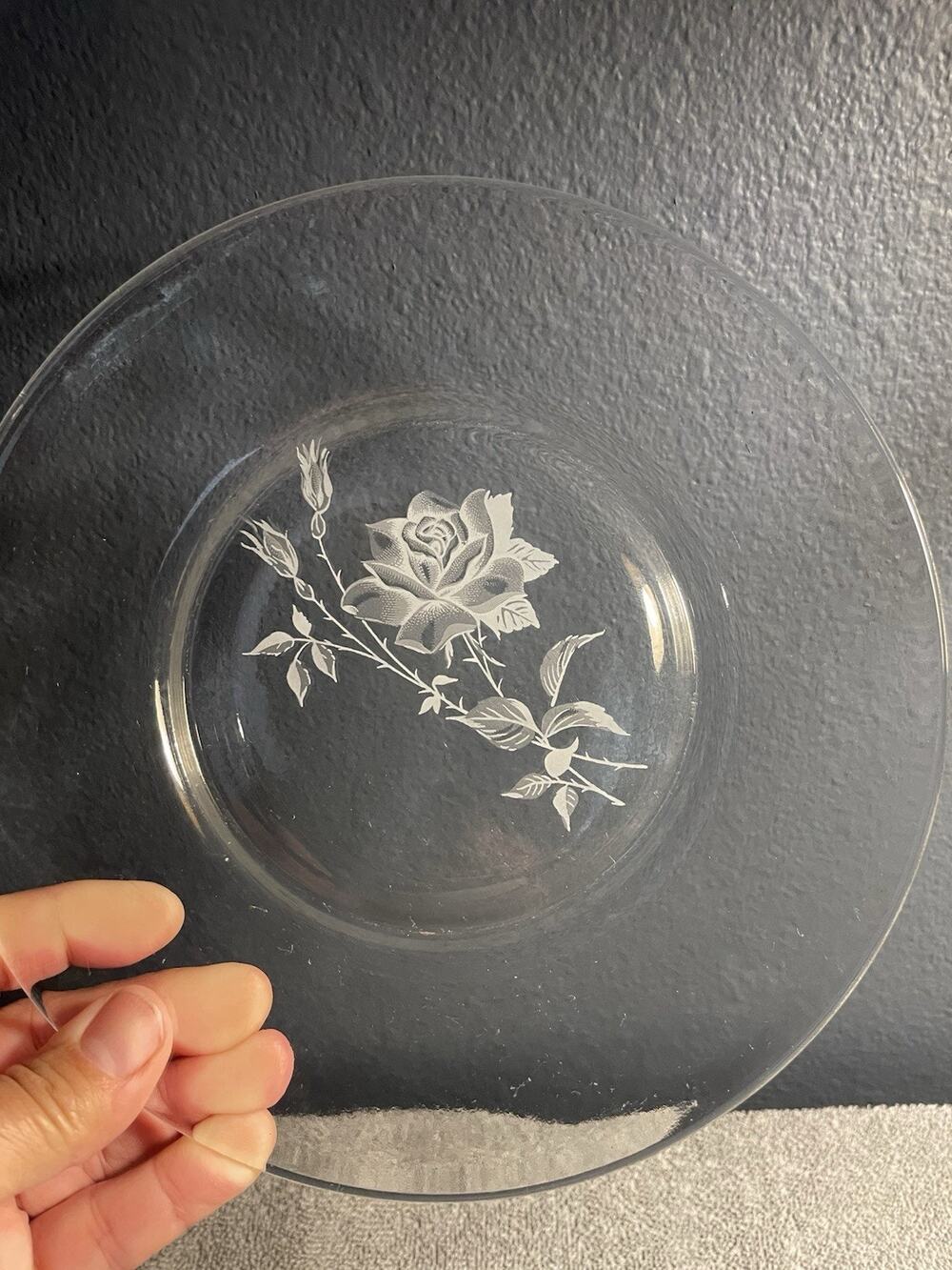 Vintage Etched Rose Clear Glass Salad Dessert Plates Set of 6 Floral 8”